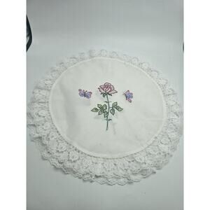 Vintage Floral Rose Cross Stitch Lace Edge Round Table Runner. Set of 2